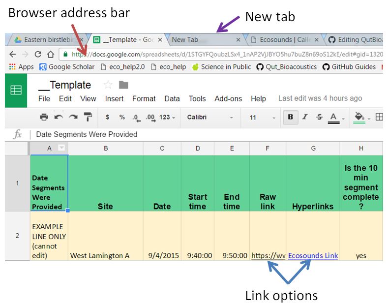 Figure 1. A Google spreadsheet screenshot highlighting a web browser address bar (red arrow), a new tab (purple arrow), and links (blue arrows)