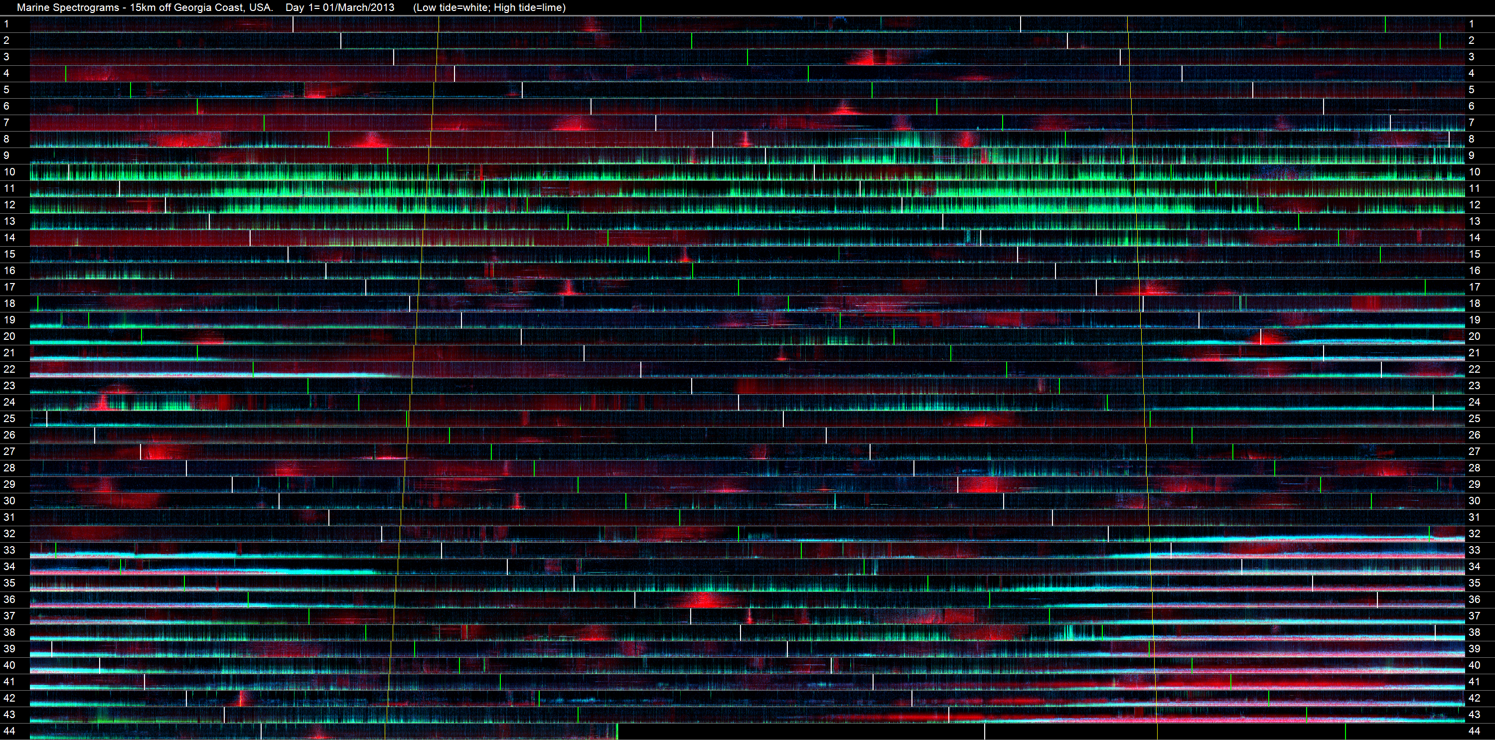 44 days of ocean recordings stacked as false color-spectrograms