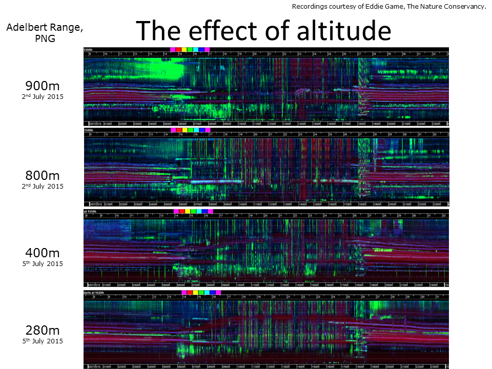 Slide 14. The effect of altitude on sound-scapes as rendered in LDFC spectrograms. Audio courtesy of Eddie Game and the Nature Conservancy.